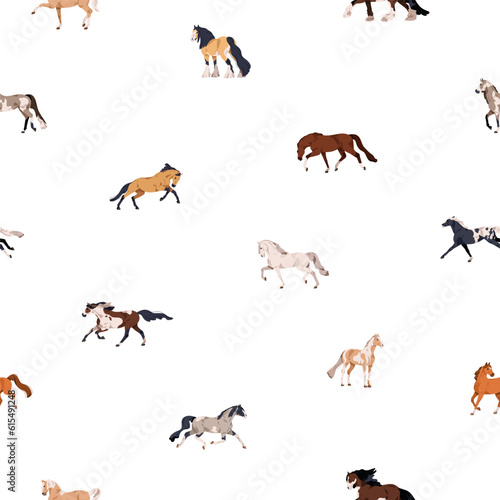 Horses of different breeds, seamless pattern. Endless background, texture design with stallions. Equine animals repeating print, wallpaper. Flat vector illustration for decoration, package, textile