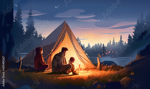 Family camping in the sunset ilustration, father, son, children, daugther,camp fire