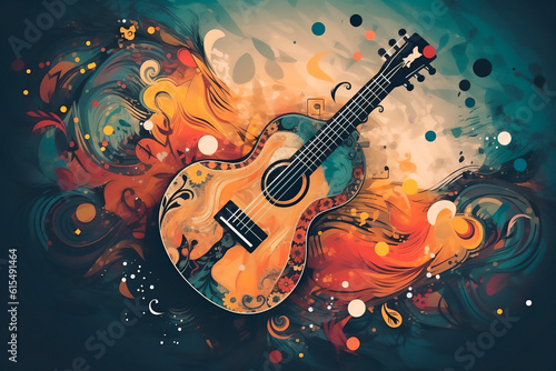 Abstract background illustration of a acoustic guitar with grunge noise and colorful texture. Music industry theme. Generative AI