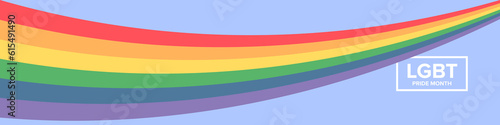 Happy pride month horizontal banner with pride color striped ribbon flag isolated on blue background. LGBT Pride month or pride day poster, flyer, invitation party card modern style design template.