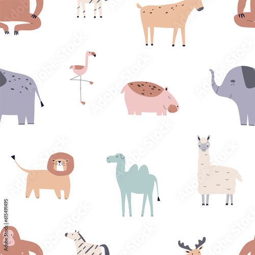 Scandinavian seamless pattern with cute animals. Nordic endless background, wallpaper with happy childish characters. Kids repeating print, texture design. Flat vector illustration for textile, decor