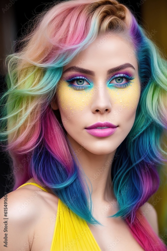 Close up face portrait of LGBTQ girl with colored hair, pride month rainbow flag colors Close up face portrait of LGBTQ girl with colored hair, pride month rainbow flag colors