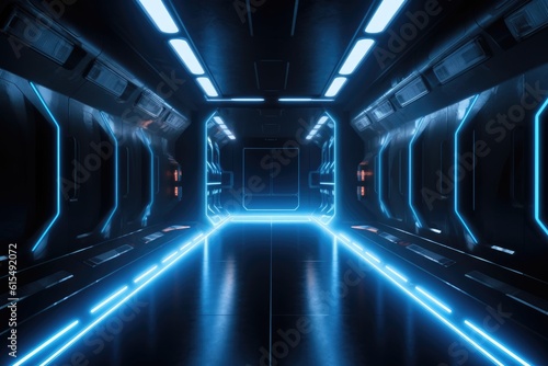 Sci-Fi Neon Laser Beams in Futuristic Hallway generative AI © Ecleposs