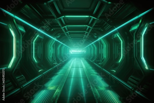 Sci-Fi Neon Laser Beams in Futuristic Hallway generative AI