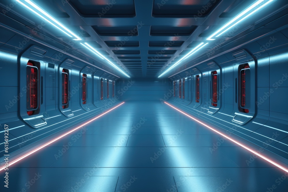 Sci-Fi Neon Laser Beams in Futuristic Hallway generative AI