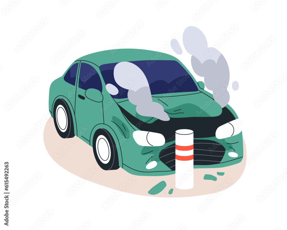 Damaged car after hitting barrier pole. Auto crashed into safety