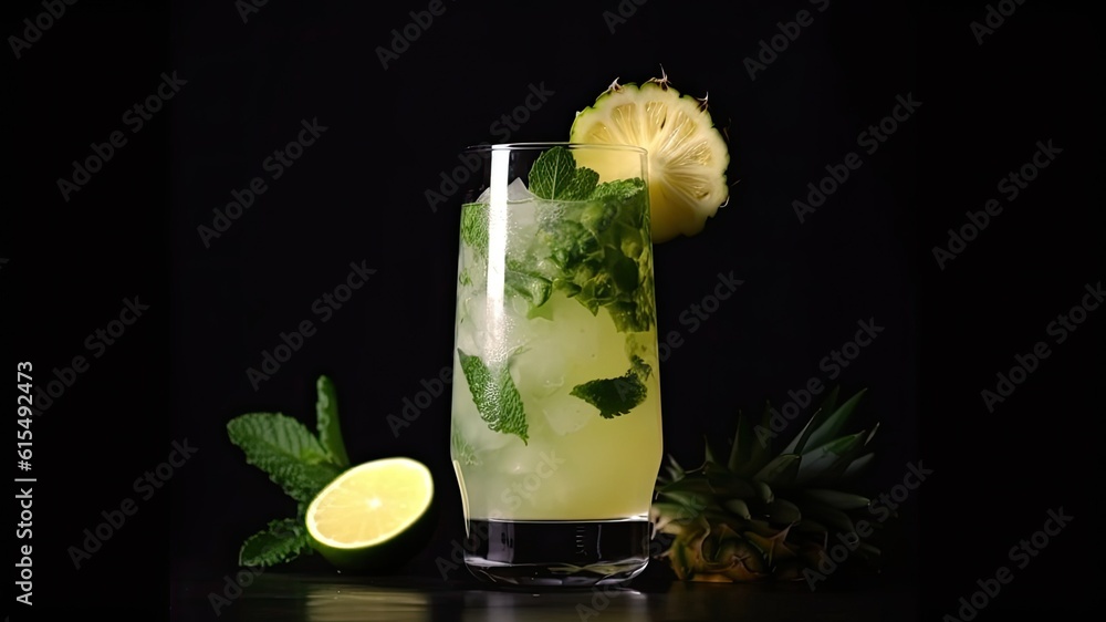 Coconut Pineapple Mint Mojito Mocktail A drink made with coconut water, pineapple juice, mint