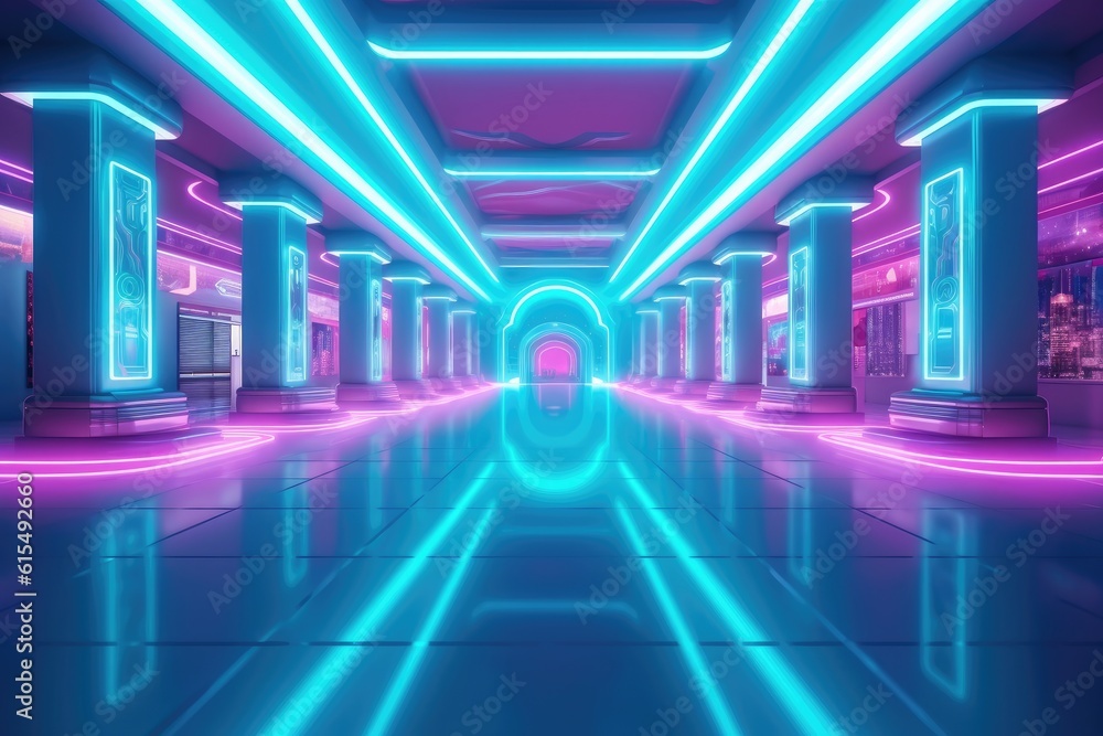 Sci-Fi Neon Laser Beams in Futuristic Hallway generative AI