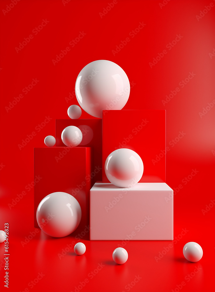 Generative AI image of different sizes of red and white balls on pedestal podium against red background Generative AI image of different sizes of red and white balls on pedestal podium against red background