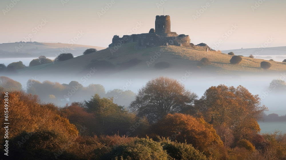 Fototapeta premium aerial view of a castle like Brentor Church in the morning with fog under the castle. Generative AI