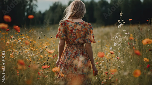 back view on a young pretty blond woman in a colorful dress in a flower field in summer. Generative AI