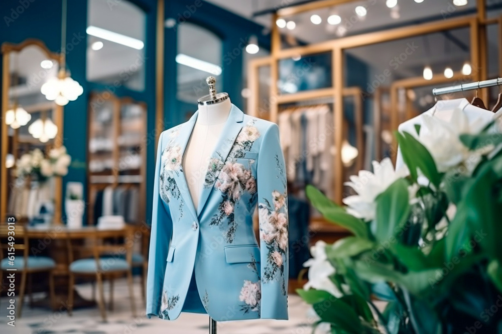 Woman`s office suit in the clothing store. Super photo realistic background. Generative ai illustration. Woman`s office suit in the clothing store. Super photo realistic background. Generative ai illustration.