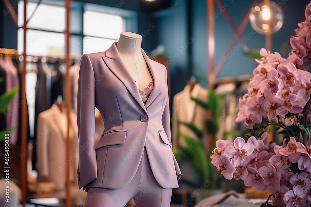 Obraz premium Woman`s office suit in the clothing store. Super photo realistic background. Generative ai illustration.