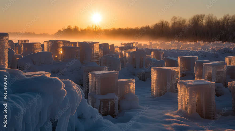 square blocks of ice in winter on a field at sunset. Generative AI square blocks of ice in winter on a field at sunset. Generative AI