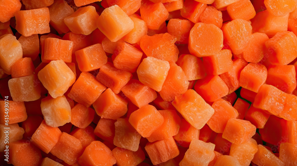 top view on diced orange carrots. background image. Generative AI top view on diced orange carrots. background image. Generative AI