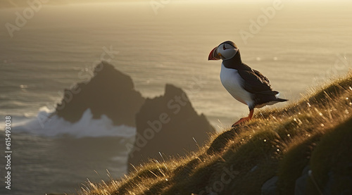 a puffin bird on a cliff with the sea in the background. Generative AI