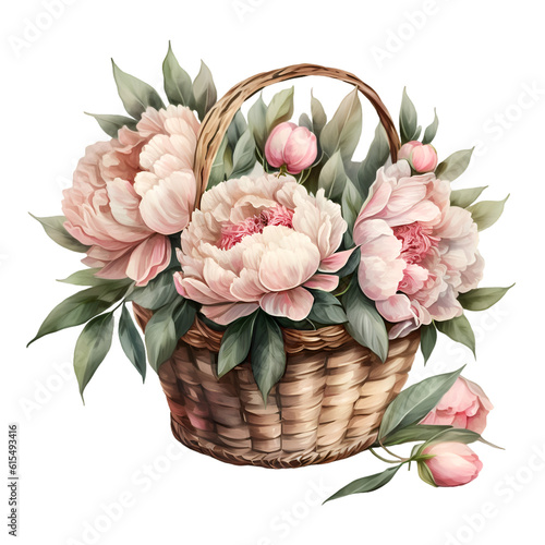 Illustration Watercolor basket with pink peony flowers. Generative AI, png image.