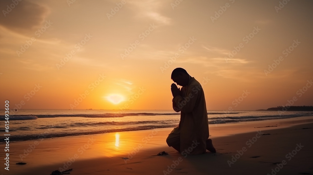 homem em oração ao ar livre com lindo por do sol, fé cristã 