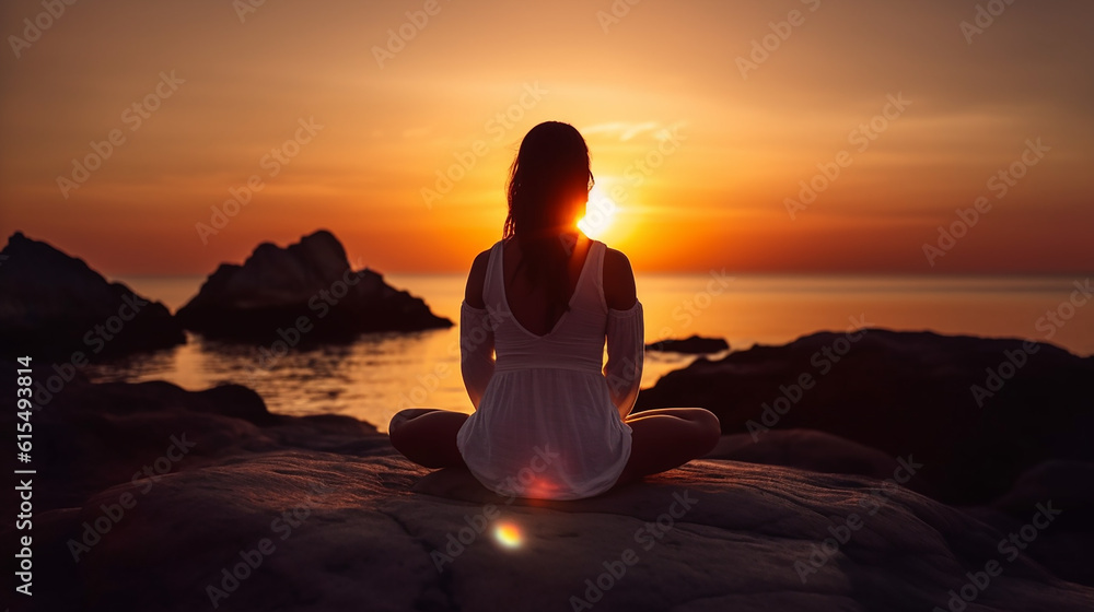 silhueta de mulher fazendo meditação em lindo por no sol em frente ao mar