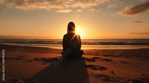 silhueta de mulher fazendo meditação em lindo por no sol em frente ao mar