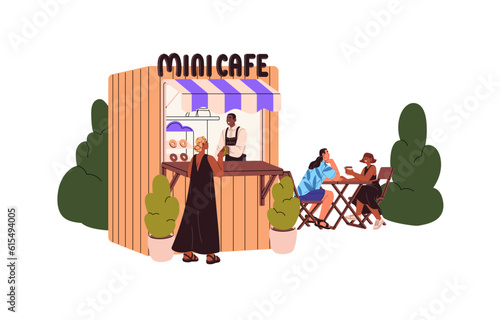 Woman buying food, drinks at street cafe. People eating, drinking at outdoor mini cafeteria on summer holidays. Kiosk vendor selling to customer. Flat vector illustration isolated on white background