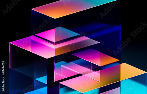 Generative AI abstract illustration of geometric shapes and structures in colorful neon colors and lights in cyberspace against dark background photo