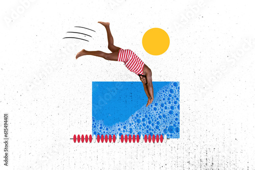 Crazy funny young man swimwear jumping diving water wave barefoot enjoy ocean vibe tourism resort vacation isolated on white background