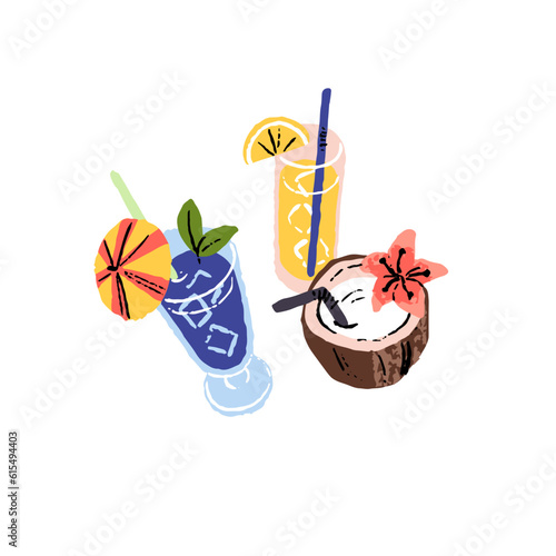 Fresh cocktails and lemonades composition. Yummy fruit beverages in glasses with straws for summer holidays. Tasty refreshment drinks with ice. Flat vector illustration isolated on white background