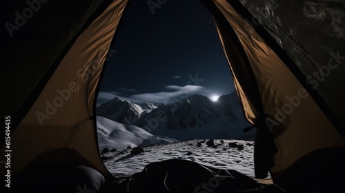 View from camp tent to the night snow-capped mountain peaks, active recreation. AI generated.