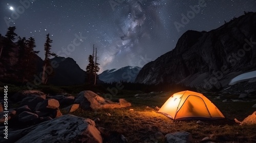 Tourist tent wth light inside, camping on the plateau in dark night, mountains peaks background
