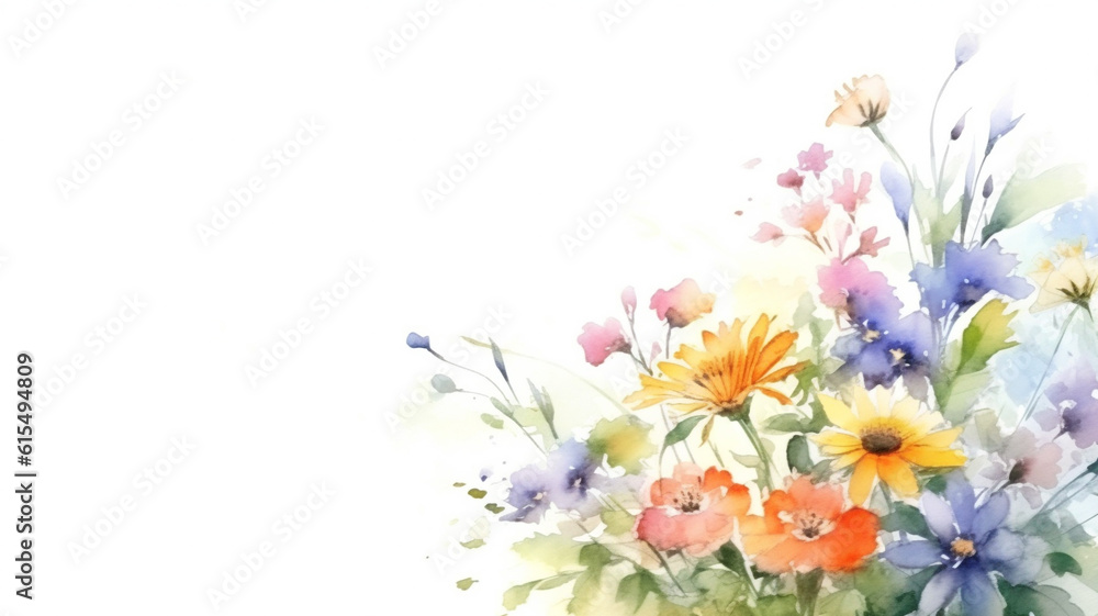 Obraz premium Flowers watercolor illustration background with copy space for text. By Generative AI.