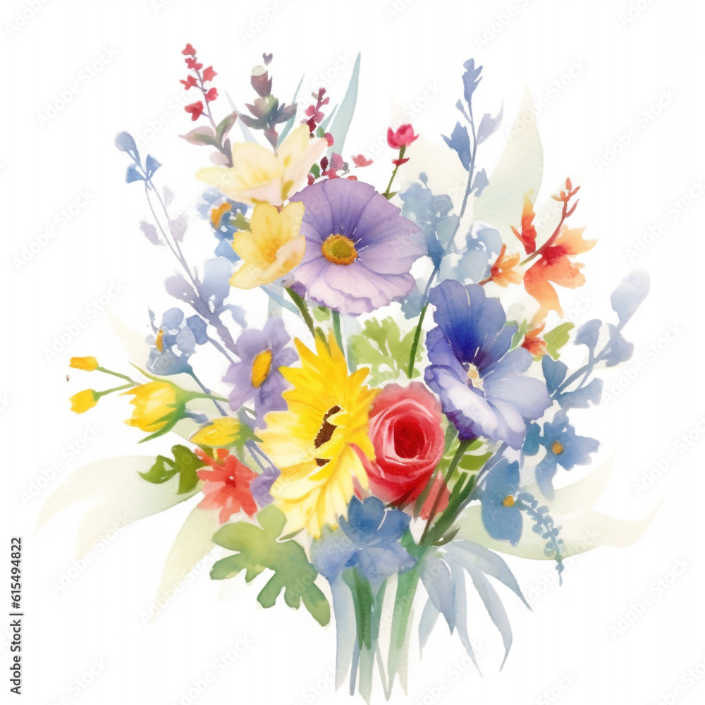 Watercolor bouquet of spring flowers. Graphic illustration. By Generative AI.