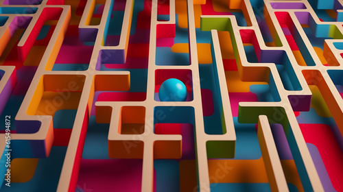 Generative AI abstract illustration of wooden labyrinth with colorful walls and floors and narrow paths with hidden in center blue ball photo