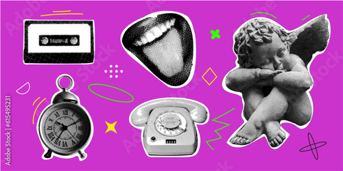 Collage design elements in trendy dotted pop art style. Retro halftone effect. Angel, phone, watch, mouth, audio cassette. Vector illustration with vintage grunge punk cutout shapes.