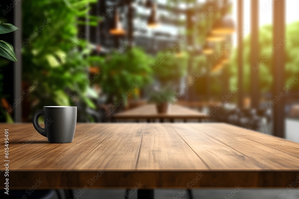 blurred cafe restaurant interior with an empty wooden table foreground, perfect for product display blurred cafe restaurant interior with an empty wooden table foreground, perfect for product display