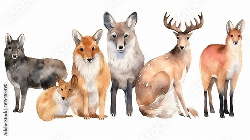 Safari Animal set Veado, raposa, esquilo em estilo aquarela. ilustração vetorial isolada © Alexandre