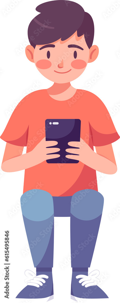 Fototapeta premium Kid using smartphone, social network, chat, message, internet, flat style illustration.