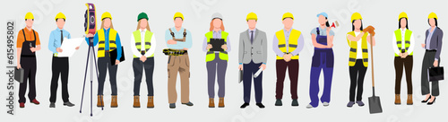 set of male and female builders and construction workers in helmets. Vector flat illustration of diverse people working in building industry, men and women architect, painter, engineers and repairman