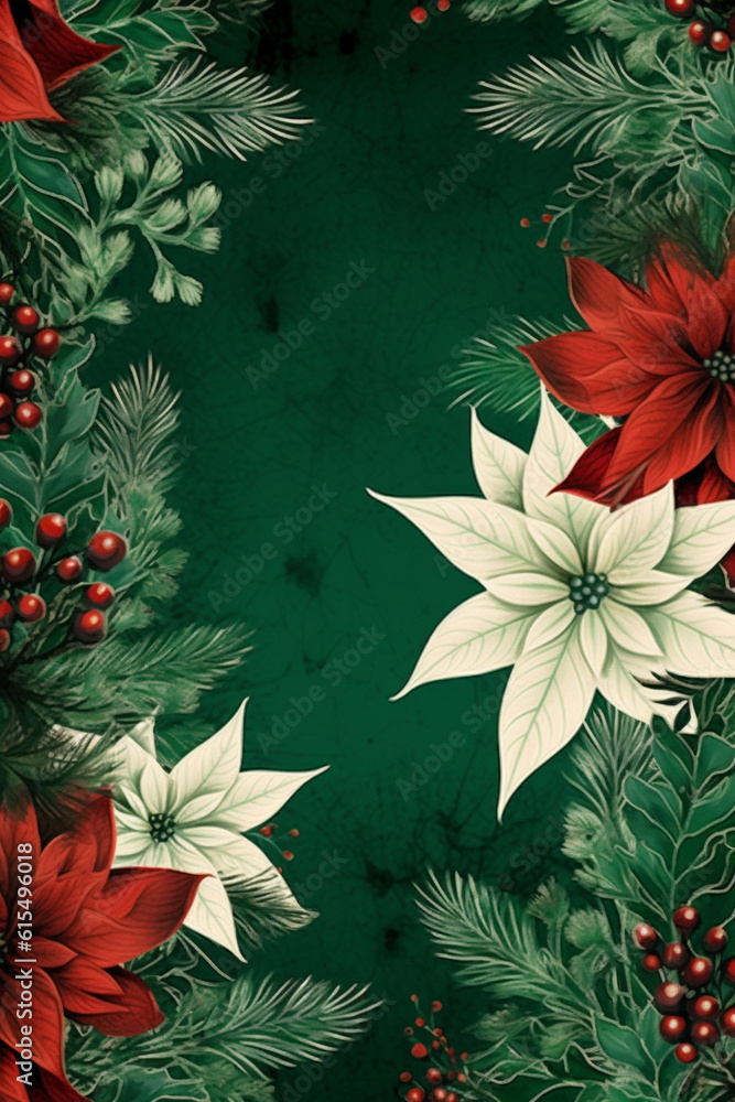 Fir tree twigs and poinsettia flowers edges on simple background with copy space. Generative ai