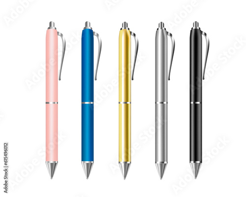 Colorful ballpoint pens 5 colors. Set of realistic pens vector, colorful pen. Corporate pen design. Pink, blue pen, gold, grey, black. Vector illustration