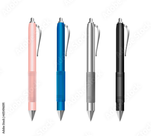 Colorful pens vector with grip. Corporate stationery design. Pink pen, blue pen, grey pen, black pen