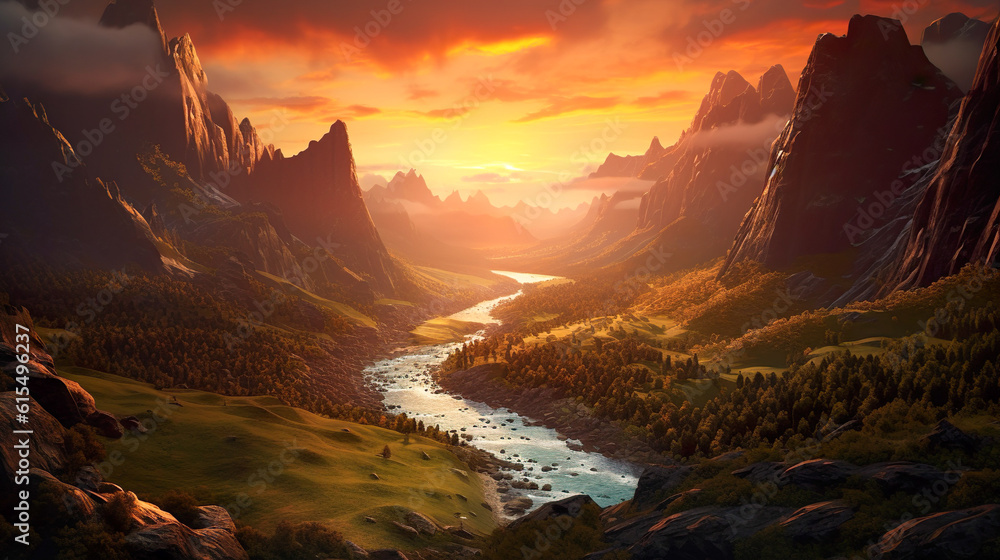 山の麓を流れる川と夕日の荘厳な景色　Generative AI
