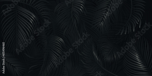 Black palm tree leaves on black background. Tropical palm leaves, floral pattern vector illustration.