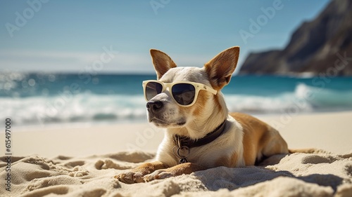 Dog wearing sunglasses sunbathing on the beach during a summer holiday. Generative AI. © EUDPic
