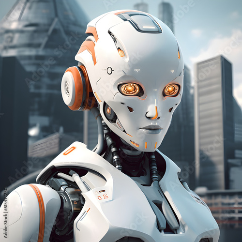 a futuristic female robot with orange eyes in a city, in the style of dark white and light orange, 8k resolution, constructed realism, cartelcore, computer-aided manufacturing, realistic hyper-detail. photo