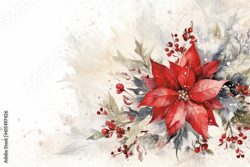 Fir tree twigs and poinsettia flowers edges on simple background with copy space. Generative ai photo