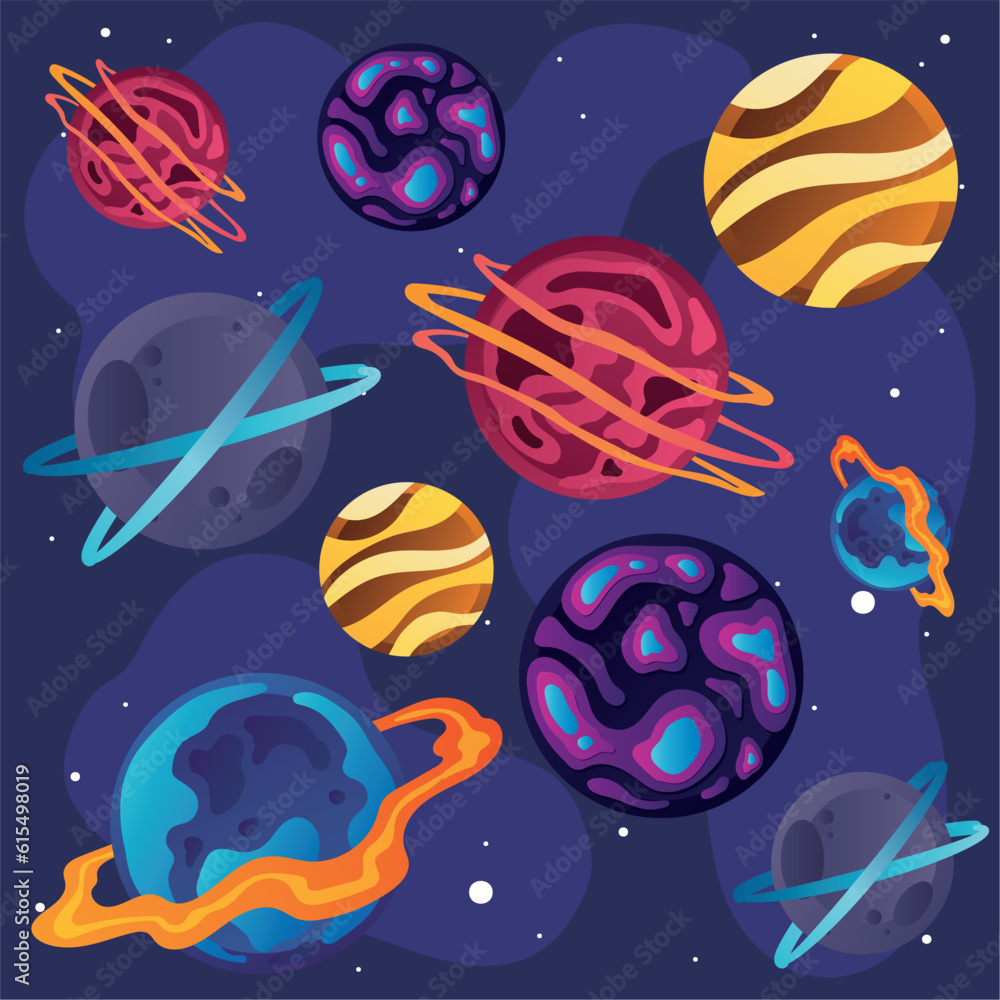 Set of colored sci fi planets on a universe background Vector illustration Set of colored sci fi planets on a universe background Vector illustration