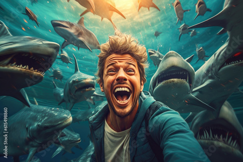 Canvas-taulu A young man happily laughing and diving underwater in the sea with sharks around