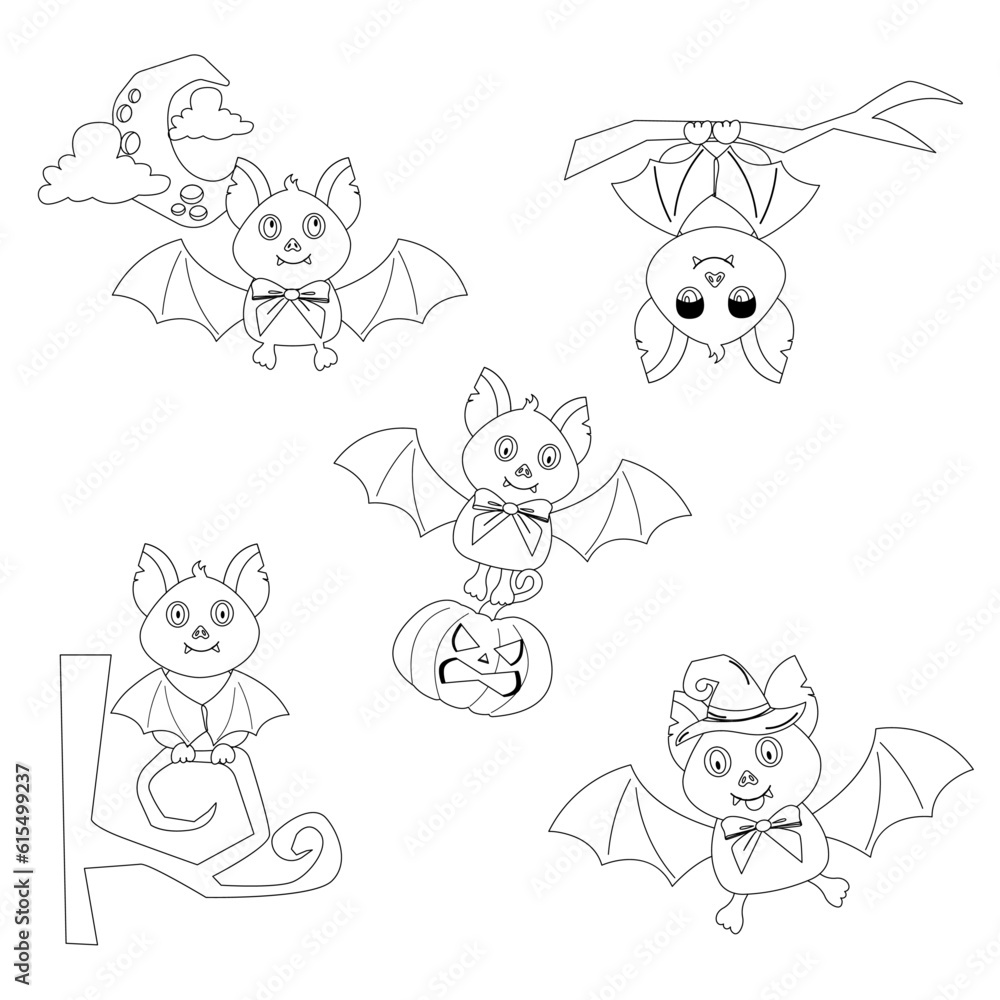 Halloween character outline bat. Bat in different poses