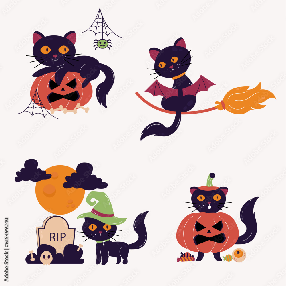 Hand drawn character Halloween cat. Cat in different poses Hand drawn character Halloween cat. Cat in different poses